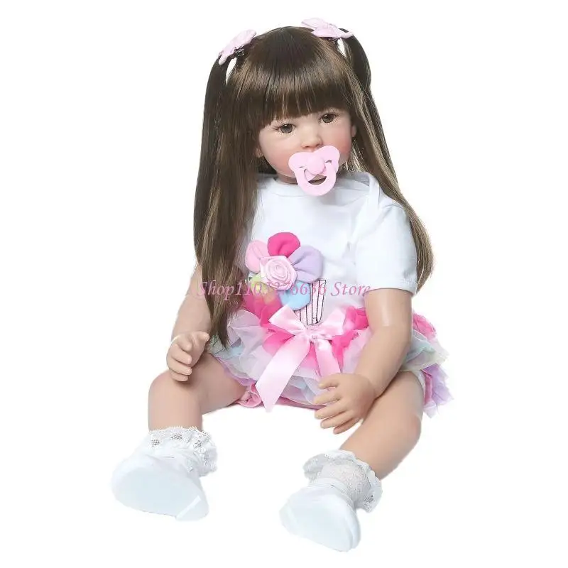 

R6FD 24 inch 60cm Lovely Baby Girl Dolls Toddler Realistic Looking Silicone Long Hair Newborn Toy Gift