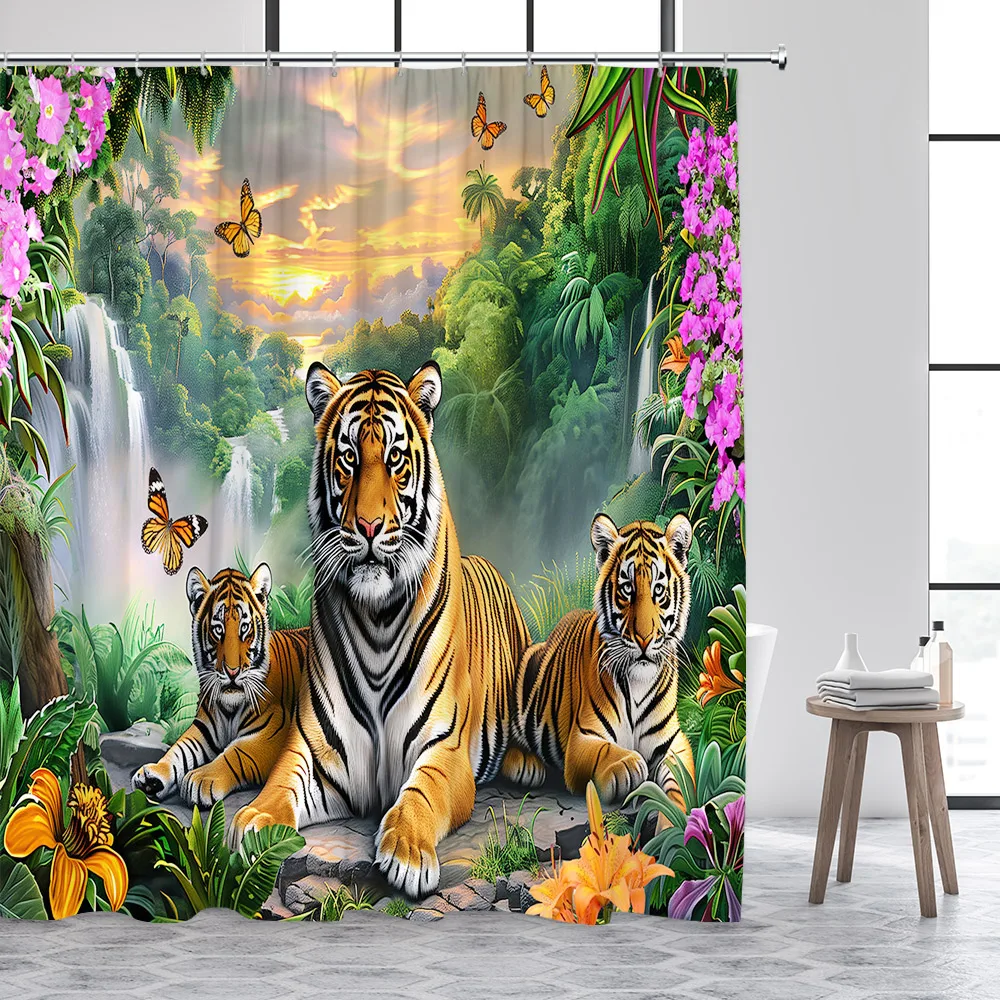 

Wild Tiger Shower Curtain Tropical Jungle Waterfall Forest Animals Butterfly Flowers Rustic Bathroom Curtains Decor With Hooks