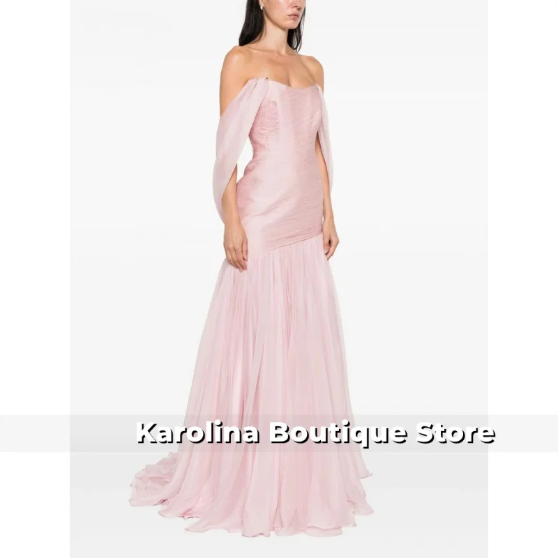 لامعة حورية البحر الوردي قبالة الكتف الطية فساتين طويلة حزب أثواب رسمية للنساء بلا أكمام فستان حفلات بسيط تخصيص