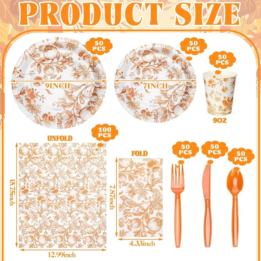 Juego de vajilla desechable de 400 Uds para suministros de fiesta de otoño con temática otoñal, que incluyen platos de papel, servilletas, tazas, cuchillos y cucharas f