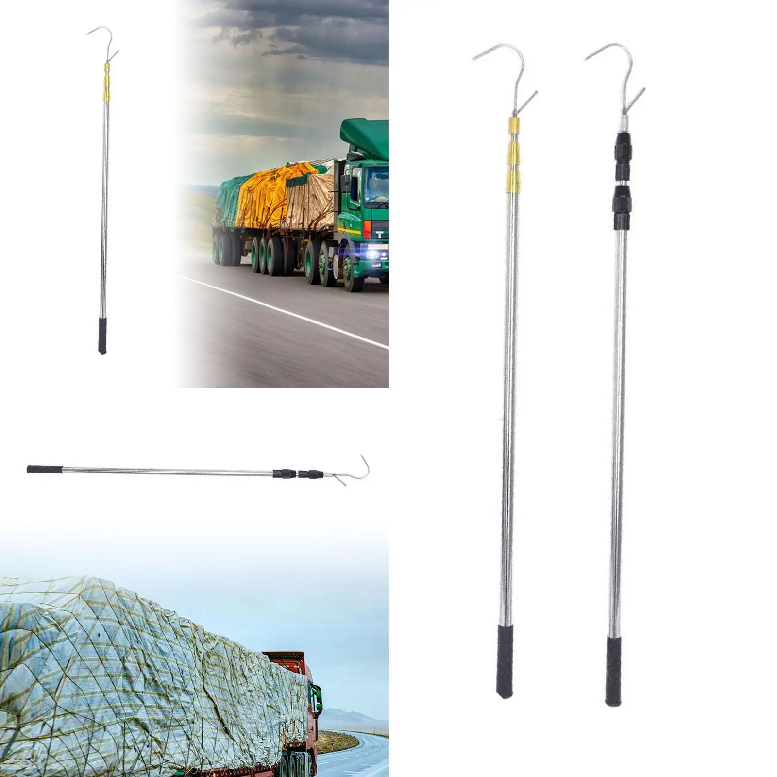 Truck Bed Grabber Tool Adjustable Pole with Hook Stainless Steel Retriever for Securing Pickup Truck Tarps