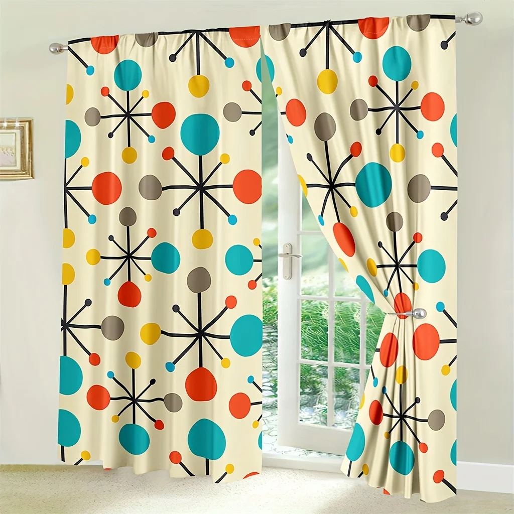 Retro Geometric Curtain, Colorful Starburst Dot Print Drapes, Mid-Century Modern Window Curtains, Living Room Bedroom Decor,