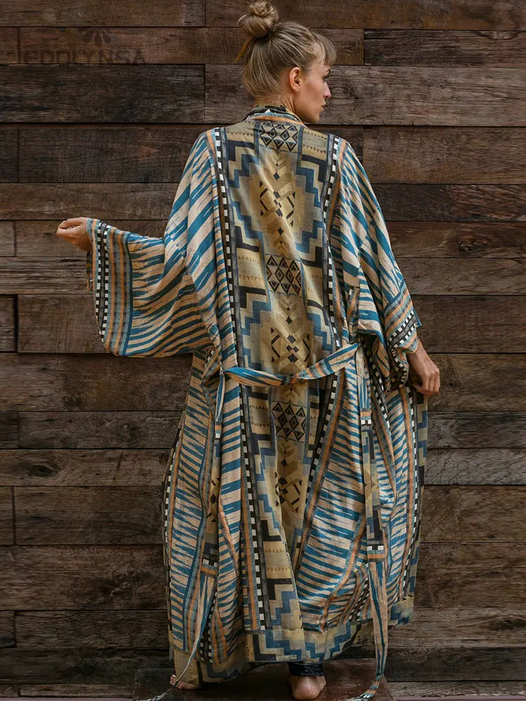 2023 Blue Retro Printed Long Sleeve Self Belted Plus Size Bohemian Kimono Tunic Women Tops and Blouses Shirts Q1228