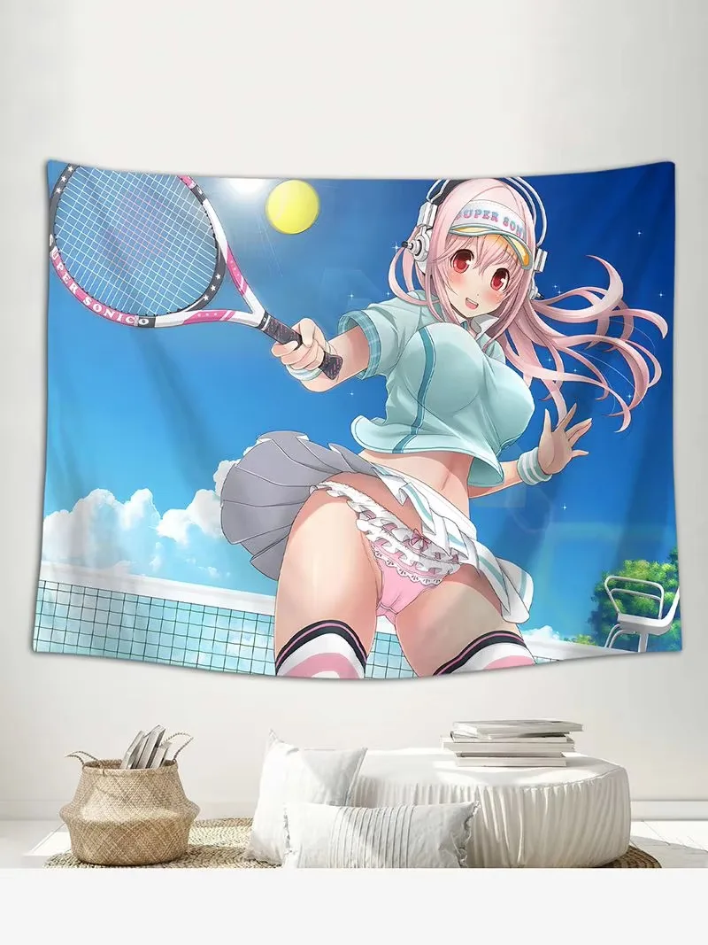 Super Sonico Anime Tapestry, Blue Sky Court Racket Wall Hanging for Bedroom Dorm Otaku Fans Aesthetic Room Decor Background
