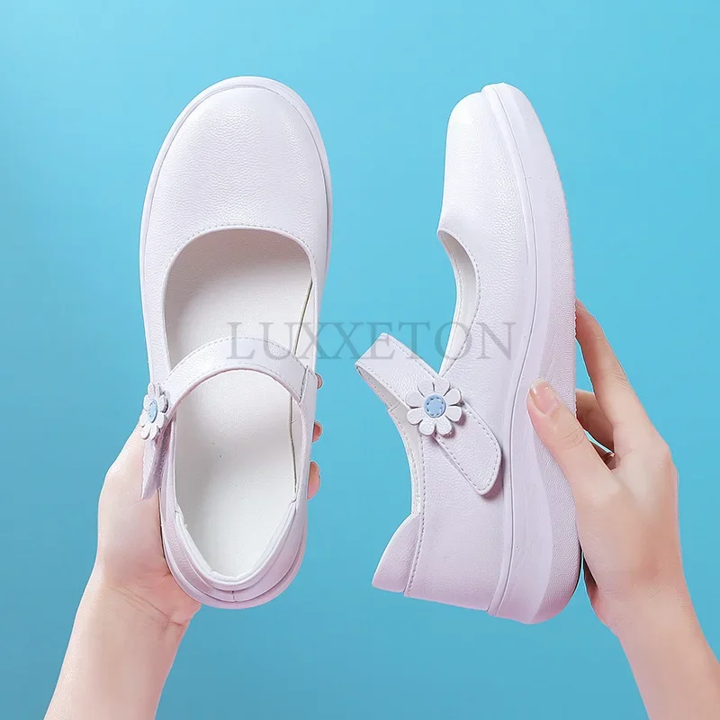 Genuine Leather Nurse Shoes for Women Comfortable Soft Sole Flat Sole Lightweight and Breathable Sloping Heel Small White Shoes