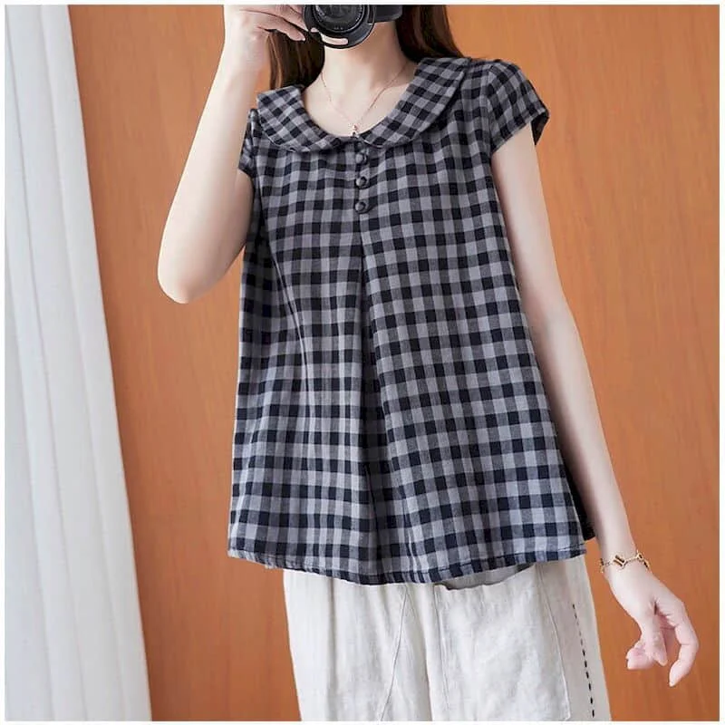 

100% Cotton Linen Shirts for Women Plaid Vintage Short Sleeve Loose Casual Korean Style Doll Collar One-piece Blouse Women Tops