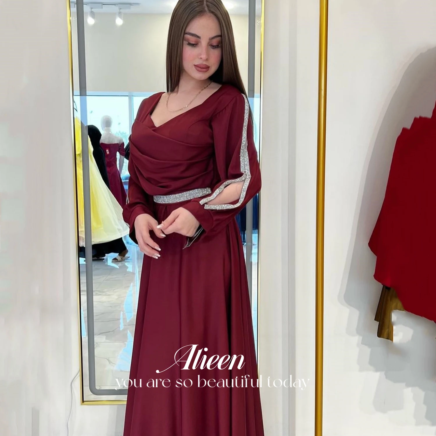 

Aileen Claret Elegant Gowns Grace Long Dress Party Evening Elegant Luxury Celebrity Eid Al-fitr V Collar Cocktail of Dresses