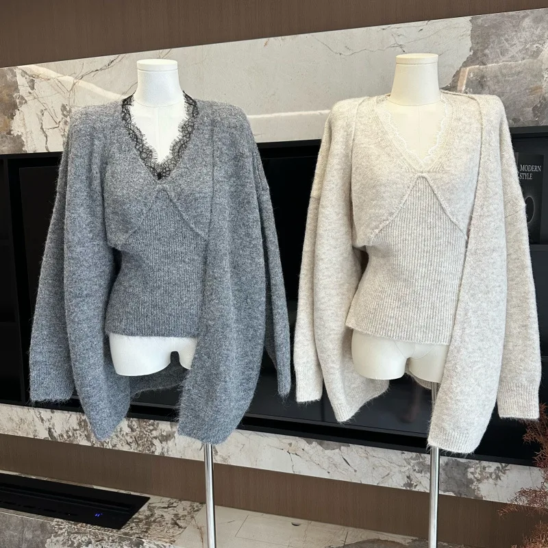 

Свободный свитер в ленивом стиле, кардиган, женское пальто, осень-зима, новый жилет, вязаный свитер, комплект из двух предметов