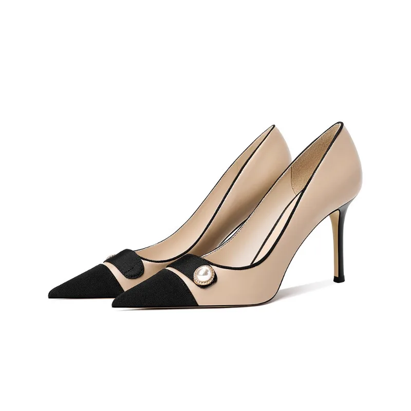 

Genuine Leather Pumps 5cm Heel Pearl Decor Nude Color 2025 Fashion
