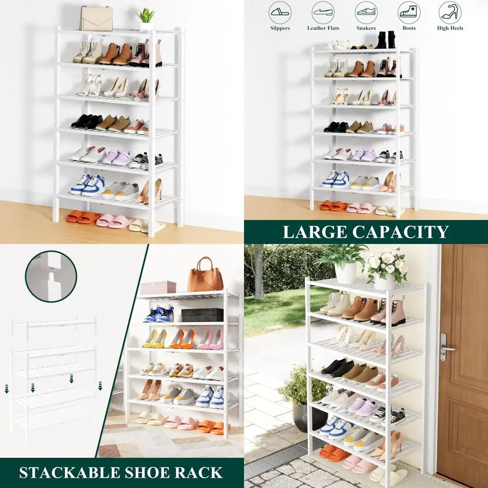 

6-Tier Bamboo Shoe Organizer, Stackable Wooden Storage Shelf, White, Ideal for Closets, Entryways, and Front Door Entrances