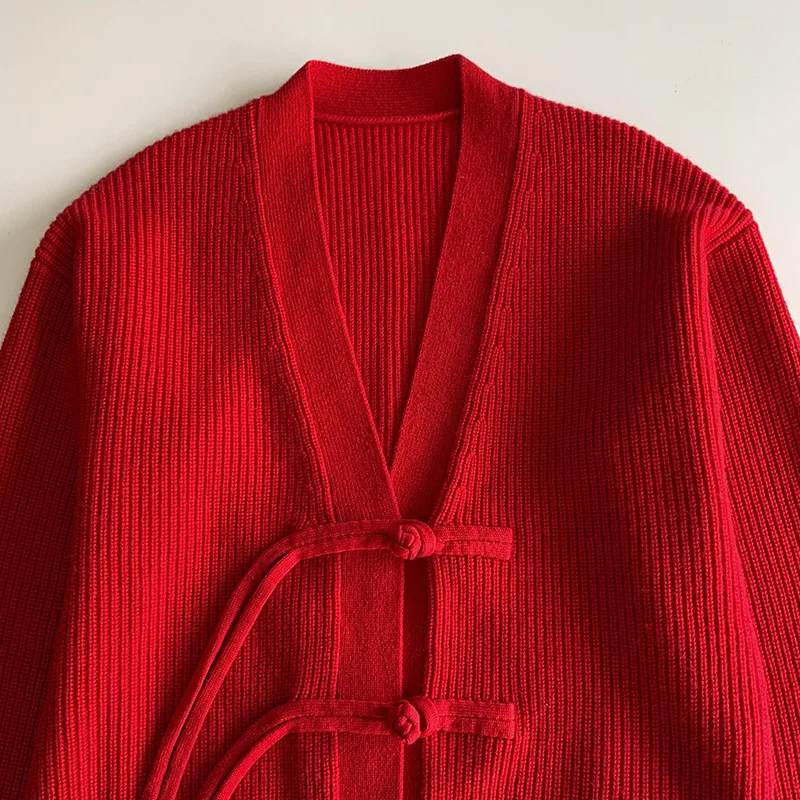 Red!! Chinese Style Buckle V-neck Knitted Cardigan with Elastic and Comfortable Fit, Soft Wool Sweater Jacket, 2024