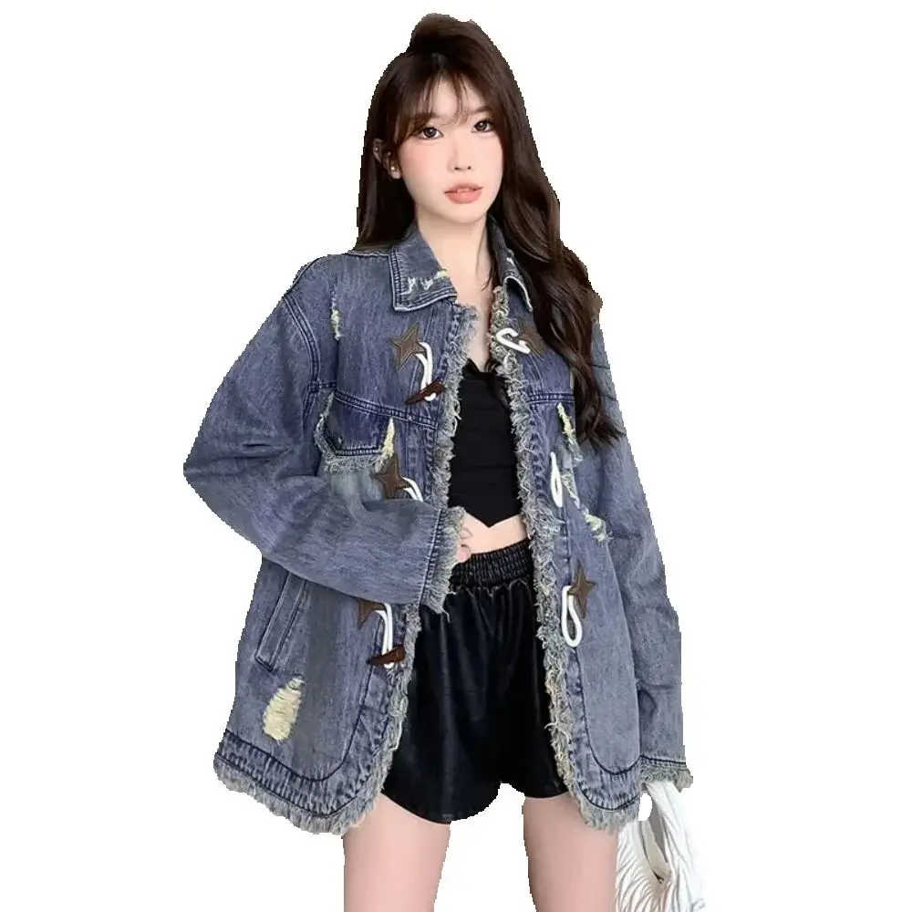 

Retro Rough-edge Loose Denim Jacket Female 2024 Autumn New Design Sense Fashion Slim Casual Loose Top Female Tide.