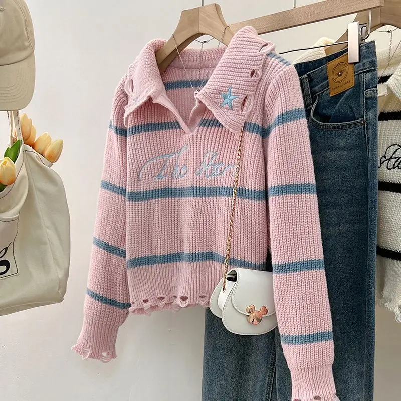 Striped Long Sleeved Knit Sweater Short Style Pullover Sweater Spring and Autumn Women's Clothing Torn Clothes Streetwear Tops