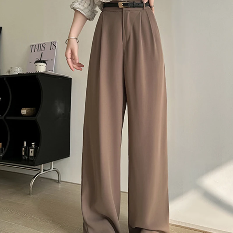 レディースカジュアル無地ストレートパンツ 秋冬 ハイウエストボタンスーツパンツ ゆったりワイドレッグパンツ