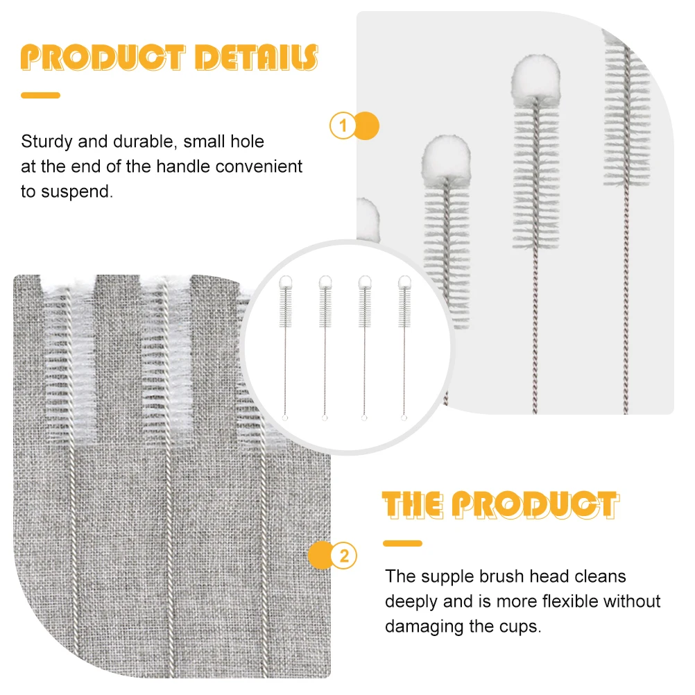 

4pcs Cleaning Brush Set Bottle Scrubber Lab Test Tube Cup Cotton Ball Stainless Steel Handle Small Hole For Suspension