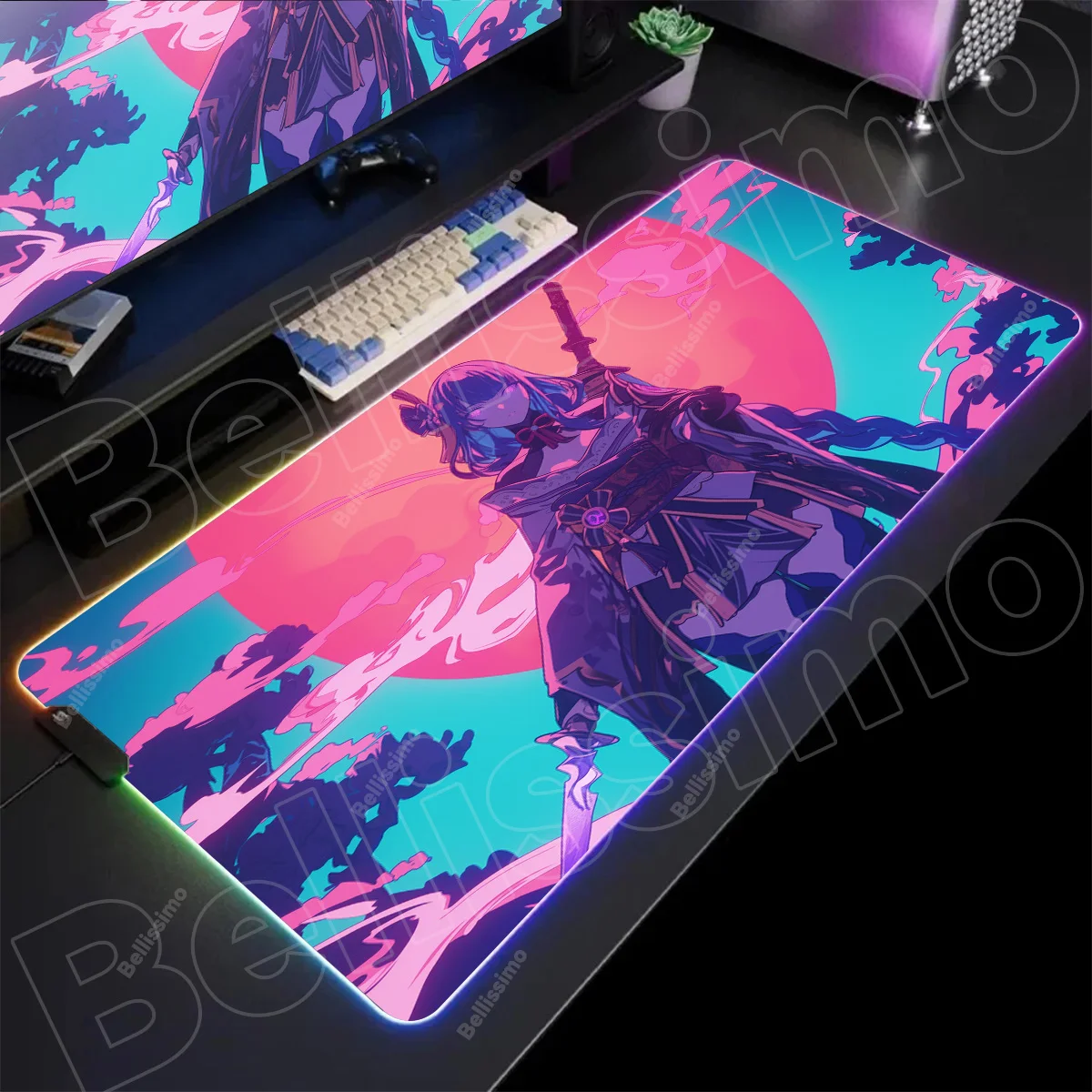 Genshin Impact RGB Mousepad Raiden Shogun Pc Gamer Keyboard Mouse Pad LED Lighting Glowing Mouse Mats Rubber Gaming Mausepad - Image 2
