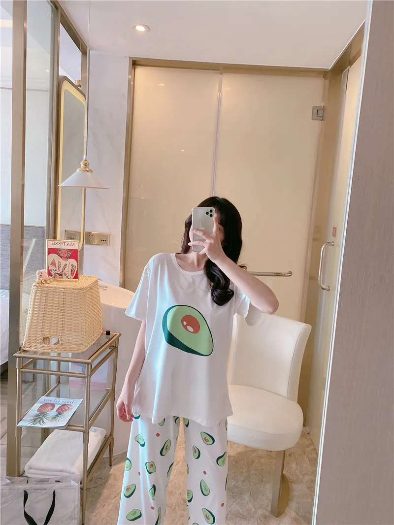Two-piece women Summer new trousers loose casual O-neck pajamas home wear can be worn outside the suit School pajamas Short