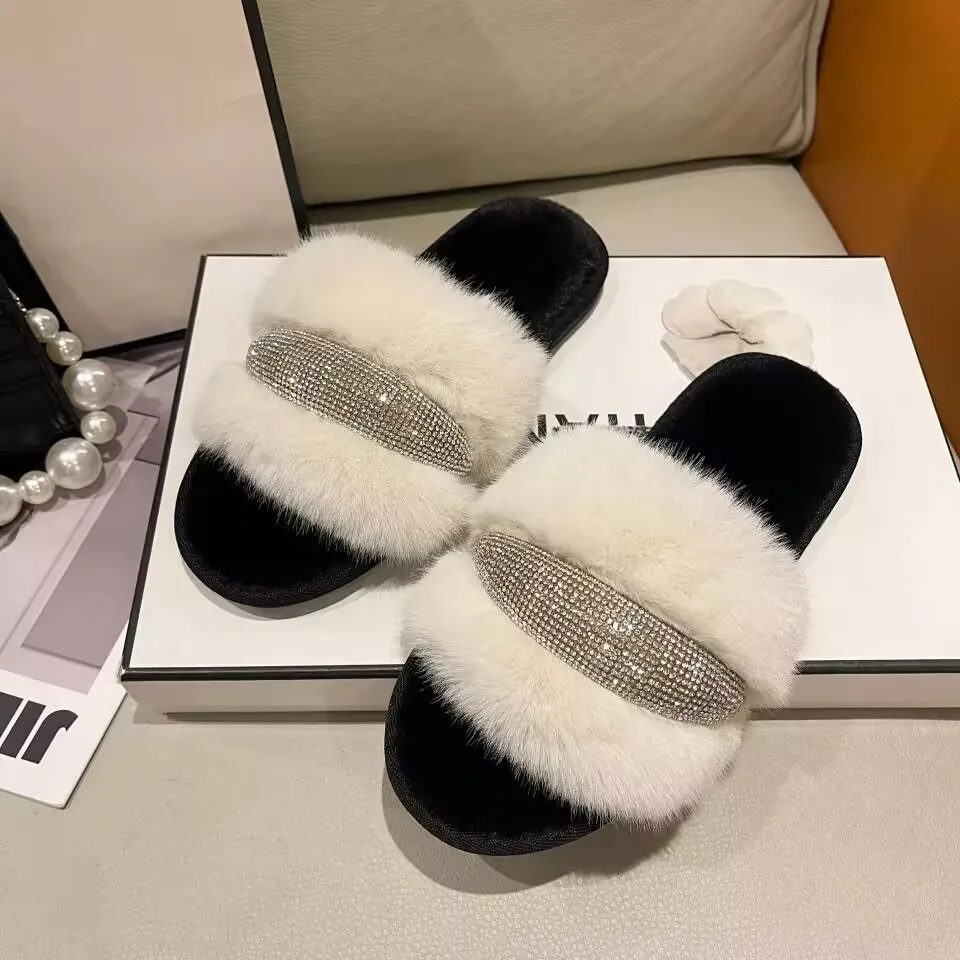 Autumn And Winter Plush Diamond Encrusted Flat Slippers Comfortable Soft Sole Personality Comfortable Casual Cotton Drag