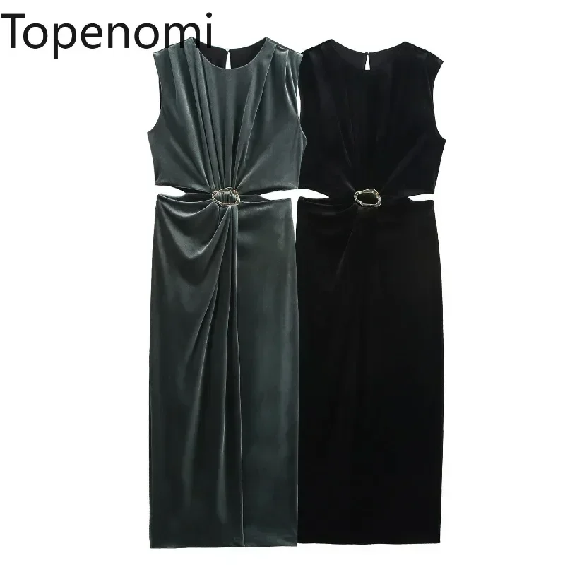 Topenomi elegante veludo sem mangas vestido de festa feminino outono novo oco para fora cintura temperamento vestidos longos de noite vintage robe