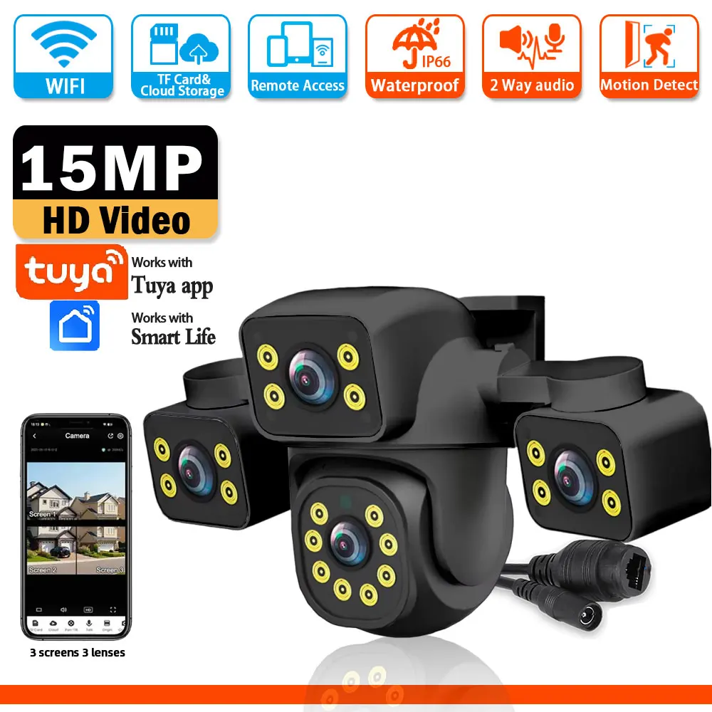 

Tuya 4K 15MP Wifi Security Camera Three Lens with Three Screen Auto Tracking Smart Life Wireless CCTV Video Surveillance Camera