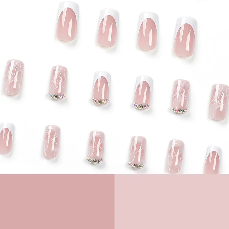 Rosa manicure unhas postiças, de comprimento médio, linhas pontilhadas, diamante espumante, unhas wearable, 24pcs