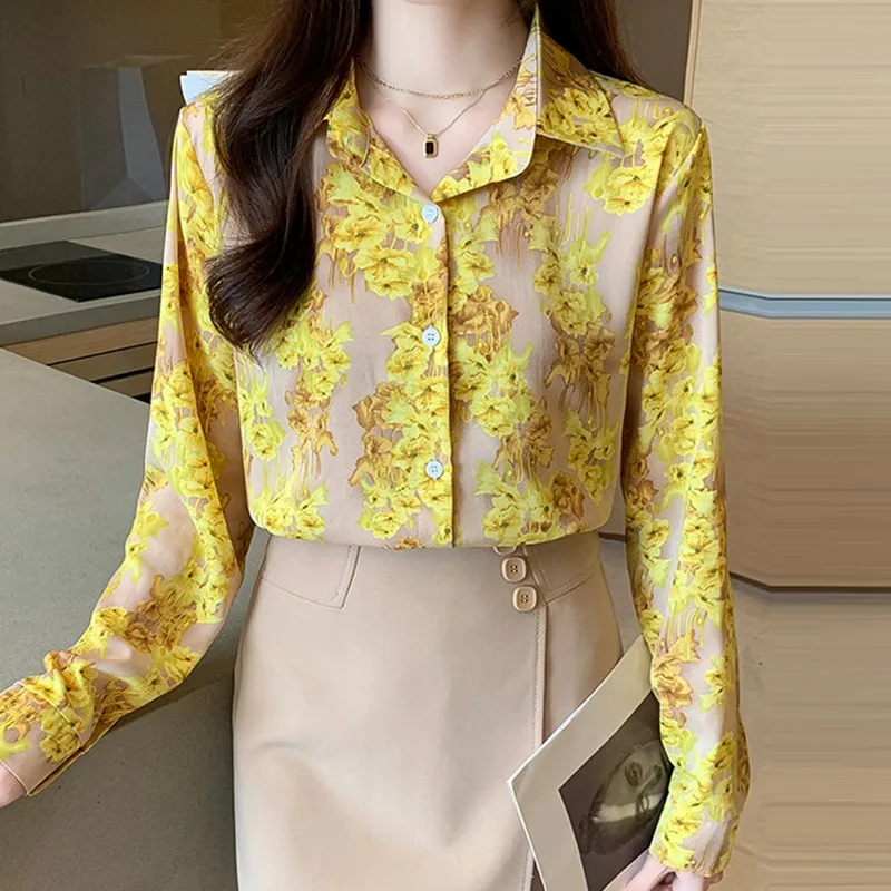 

Women Long Sleeve Casual Shirt New Arrival 2024 Spring Korean Style Vintage Floral Print Tops Ladies Elegant Work Shirts W1489