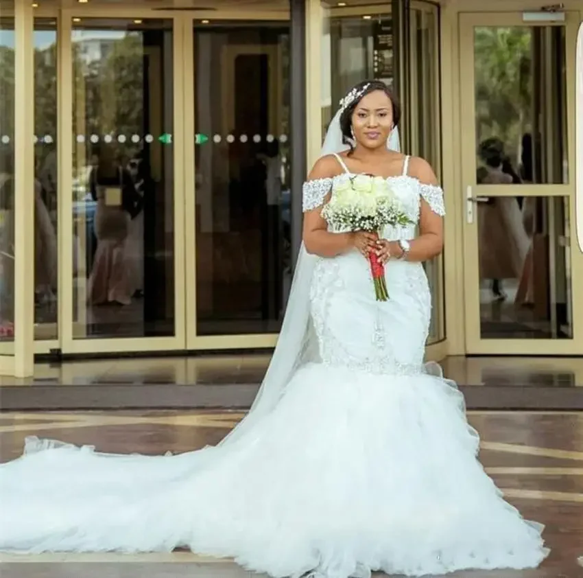 Robe de Mariée Sirène Personnalisée, Grande Taille, Perles Décolorées, Appliques en Tulle, Bretelles Spaghetti, Patients de Luxe, Quelle que soit la Tenue