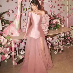 Chic Baby Pink Evening Dress One Shoulder Long Sleeve Satin Dress With Sweep Train See Through A-line Prom Dresses Ever Pretty