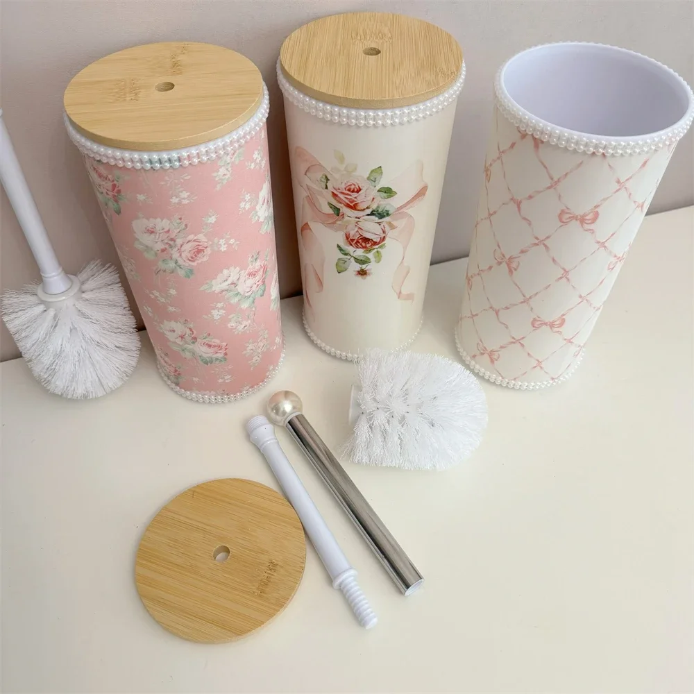 European Style Toilet Brush Home Storage Bucket No Dead Angle Toilet Cleaning Punch-Free Long Handle Pink Rose Storage Bucket