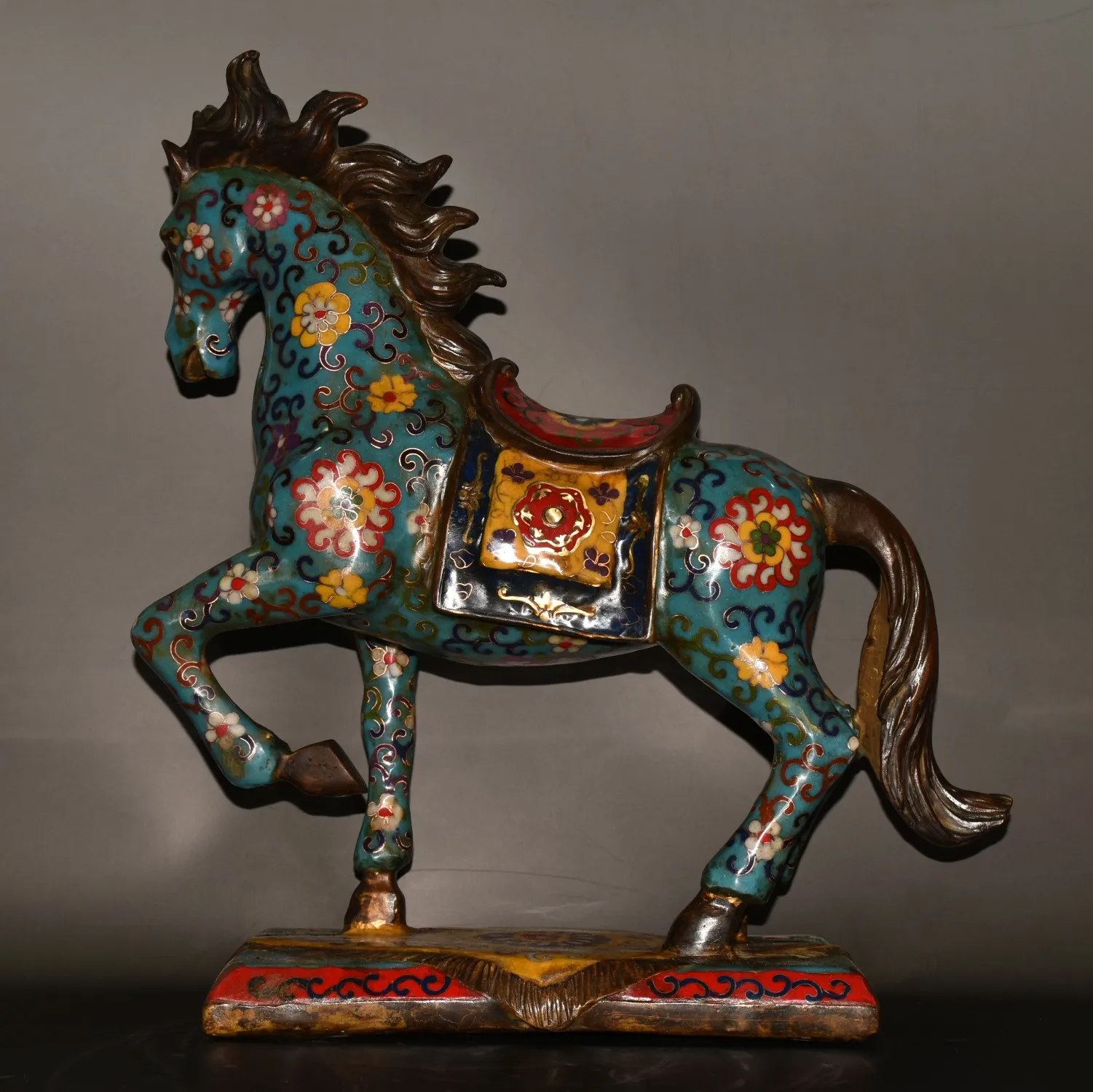 

13"Tibetan Temple Collection Old Bronze Cloisonne Gilt Zodiac Horse War Horse statue Base set Ornaments Town House Exorcism