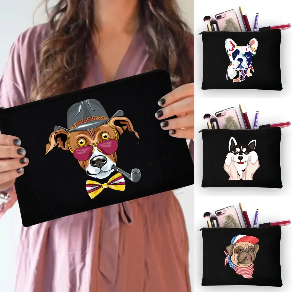 Cute Puppy Print Women Canvas Makeup Bags Travel Lady Storage Bag Wash Bag Fabric Black Zipper Cosmetic Storage Bag