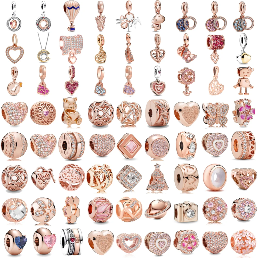 

New 925 Silver Rose Gold Plated Butterfly Feather Feather Lock Key Charms Beads Fit Original Bracelet DIY Fashion Woman Jewelry