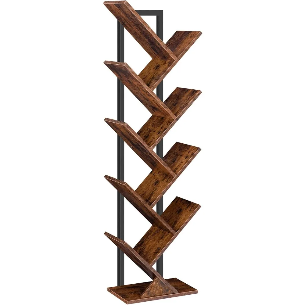 

Tree Bookshelf, 9-Tier Bookcase Wooden Shelves, Floor Standing Storage Rack, for Display of CDs, Books in Living Room