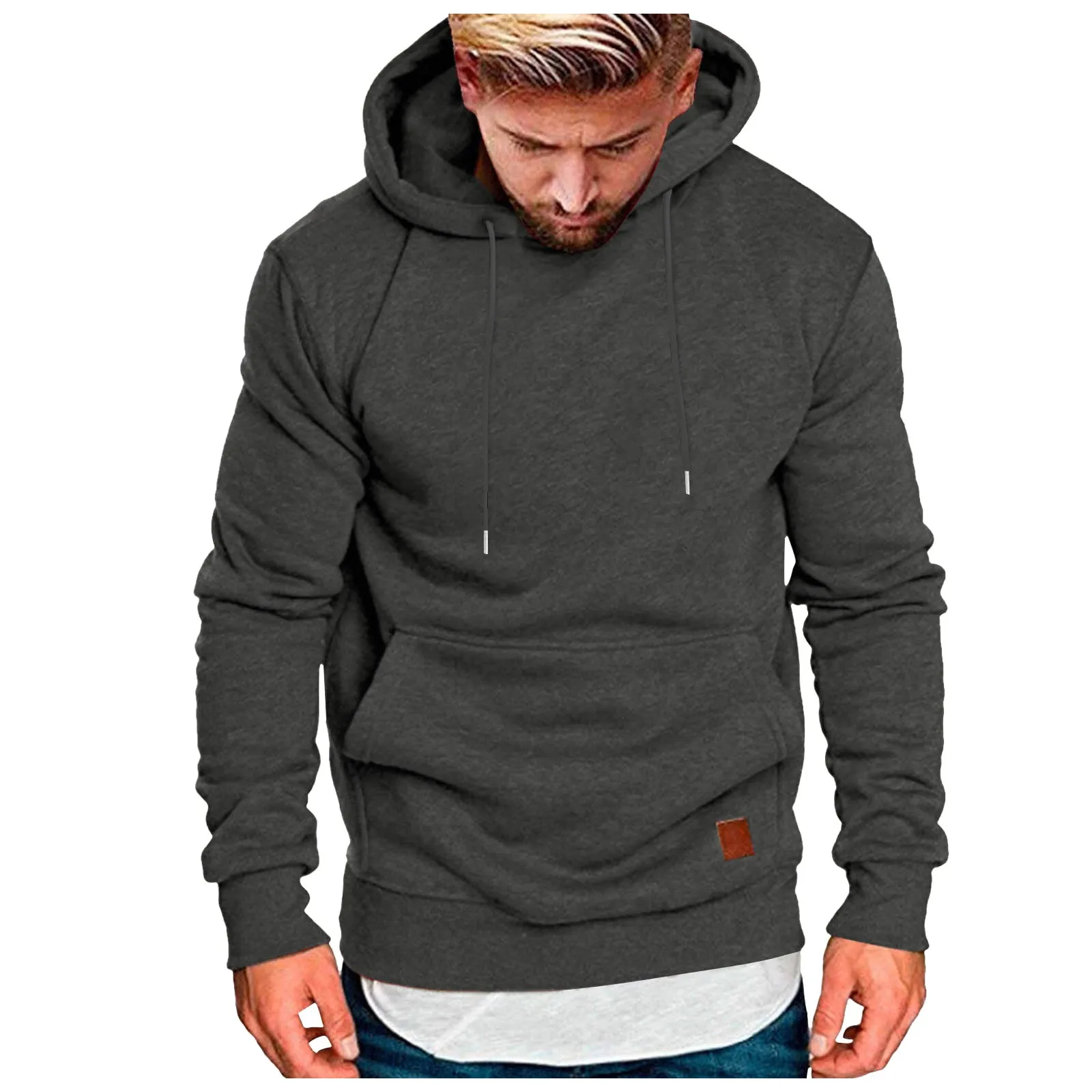 Male Hoodie Leather Label Long Sleeve Sweatshirt Hooded Large Size Pocket Sweatshirt Sportswear Outdoor Clothing Retro