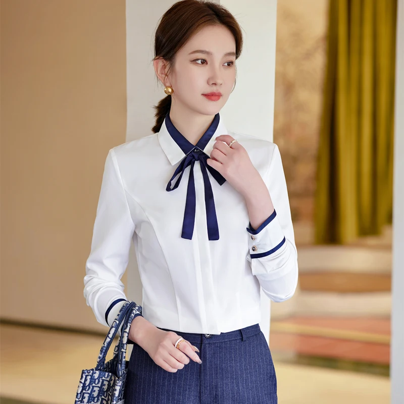 Lenshin Turn-down collar Autumn wear long sleeve women White Bow  blouse Shirt female casual style elegant fashion slim tops