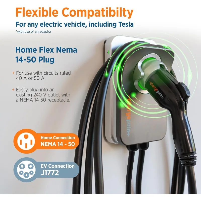 Home Flex-Equipamento para Carregamento de Veículos Elétricos, Carregador Rápido, Level 2 EV Charger, J1772, NEMA 14-50 Outlet, 240V, Compatível