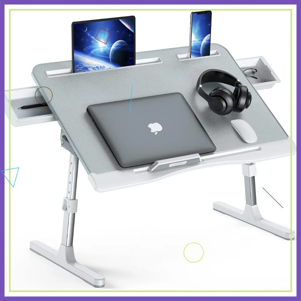 

Foldable Adjustable Laptop Bed Tray Desk with 2 Drawers, X-Large Grey for Sofa Floor Use