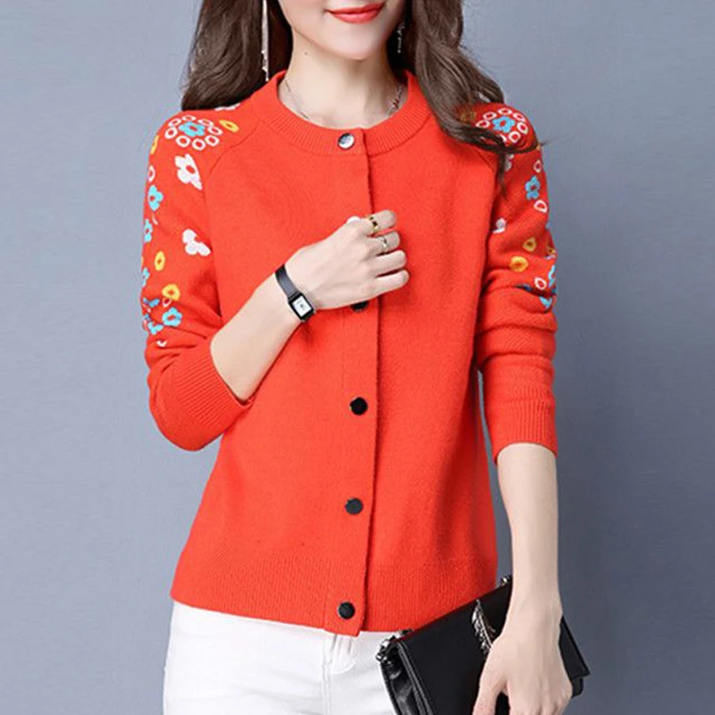 Women\'s Korean Fashion Floral Jacquard Elegant Knitted Cardigan Spring Autumn Female Casual Round Neck Long Sleeve Sweater Coat