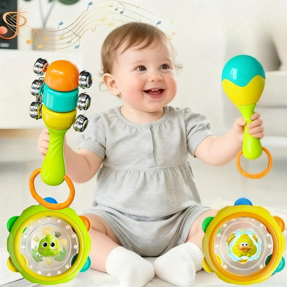 0개월 아기 장난감 3개 세트 음악 손드럼 악기 드럼 라틀 어린이 초기 교육용 남아 여아 몬테소리 음악 장난감