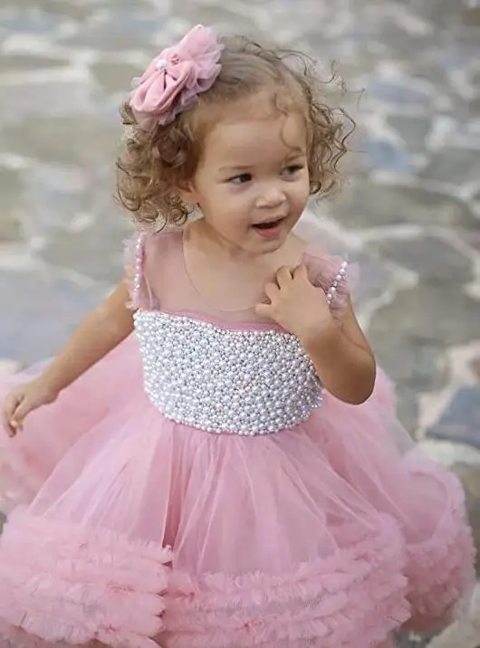 

Pink Tulle Dress Pearls Beaded Puffy First Birthday Dress Flower Girl Dresses Cute Children Girls Dress Party Gown