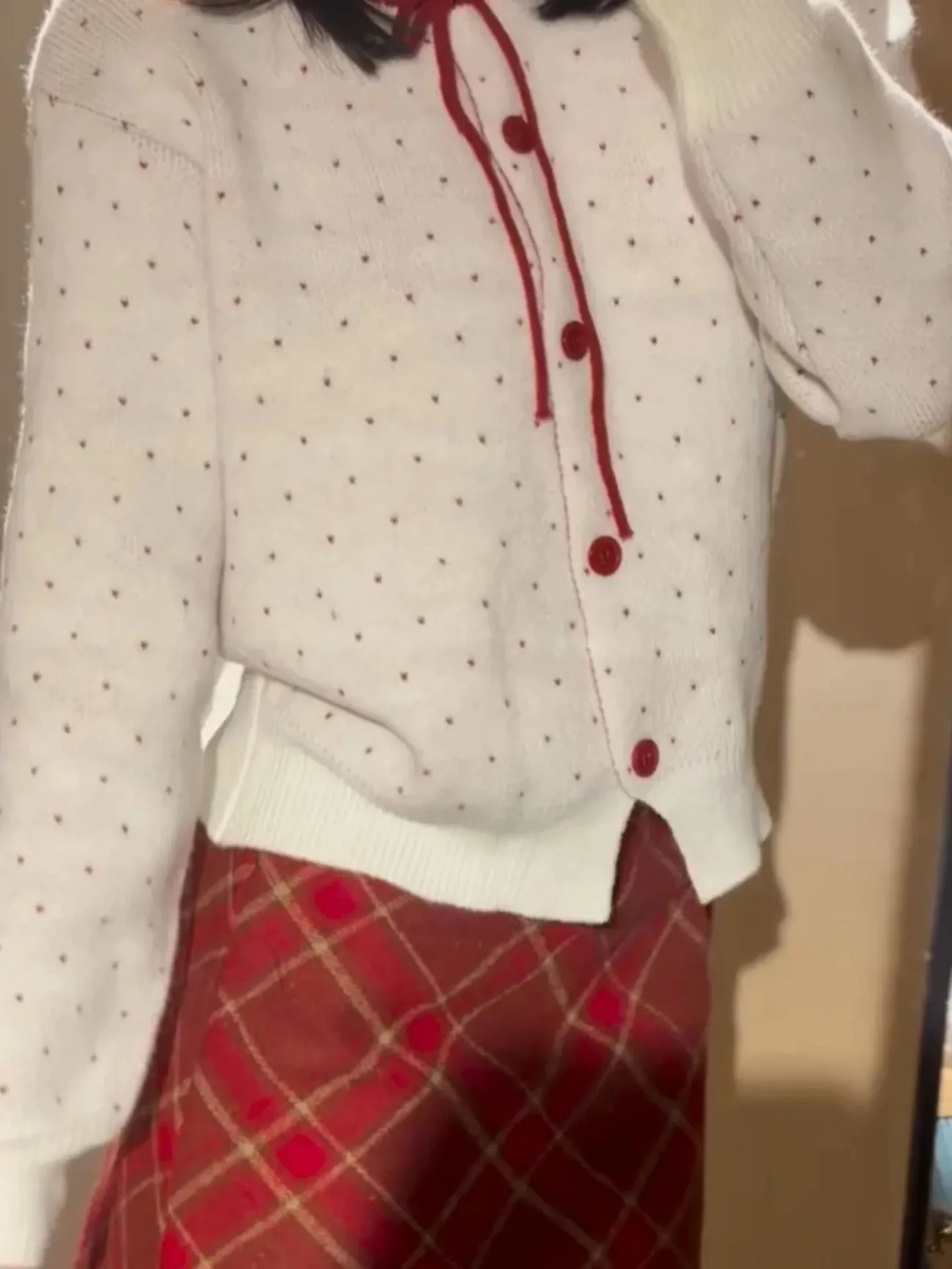 Spring Commute Faion Set Women's Cheered ort Skirt And Knitted Cardigan Date Outfit Red And White Polka Dot Design