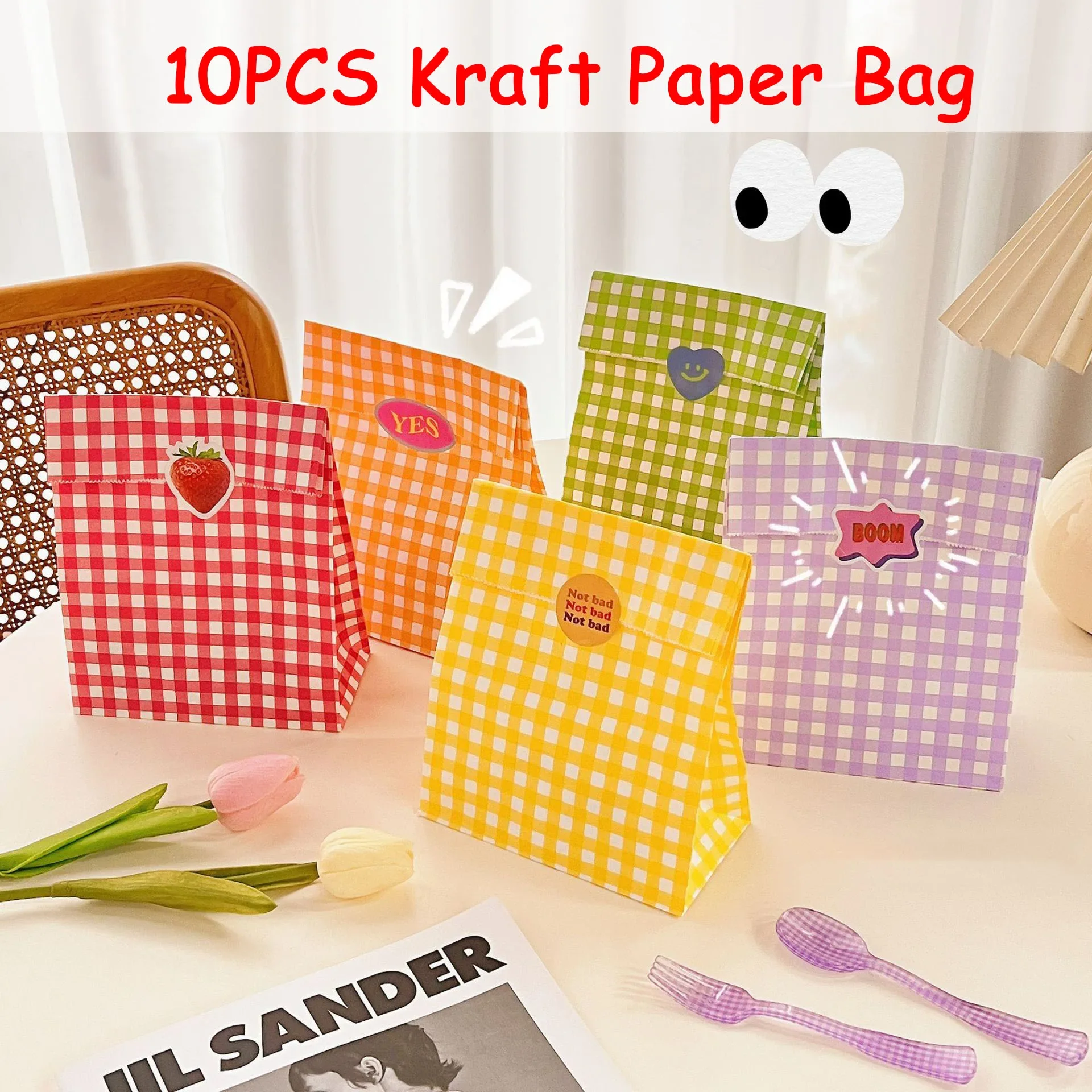 10pcs Ins Korean Style Colorful Checked Kraft Paper Bag Small Gift Package Cute Fashion Wedding Christmas Party Storage Pouch