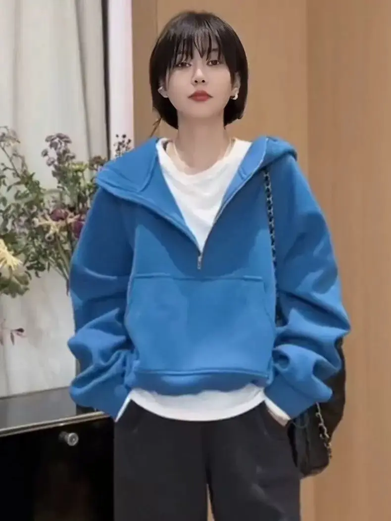 Ins Half Zipper Hooded Hoodie Jacket Women's New Casual Loose Fat MM Slimming Top