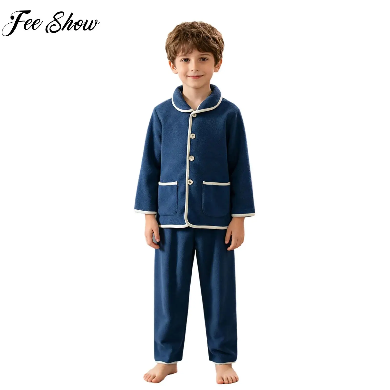 

Girls Boys 2-piece Warm Fleece Pajama Set Homewear Loungewear Long Sleeve Button Top+Pants Outfit for Holiday Casual Daily Wear