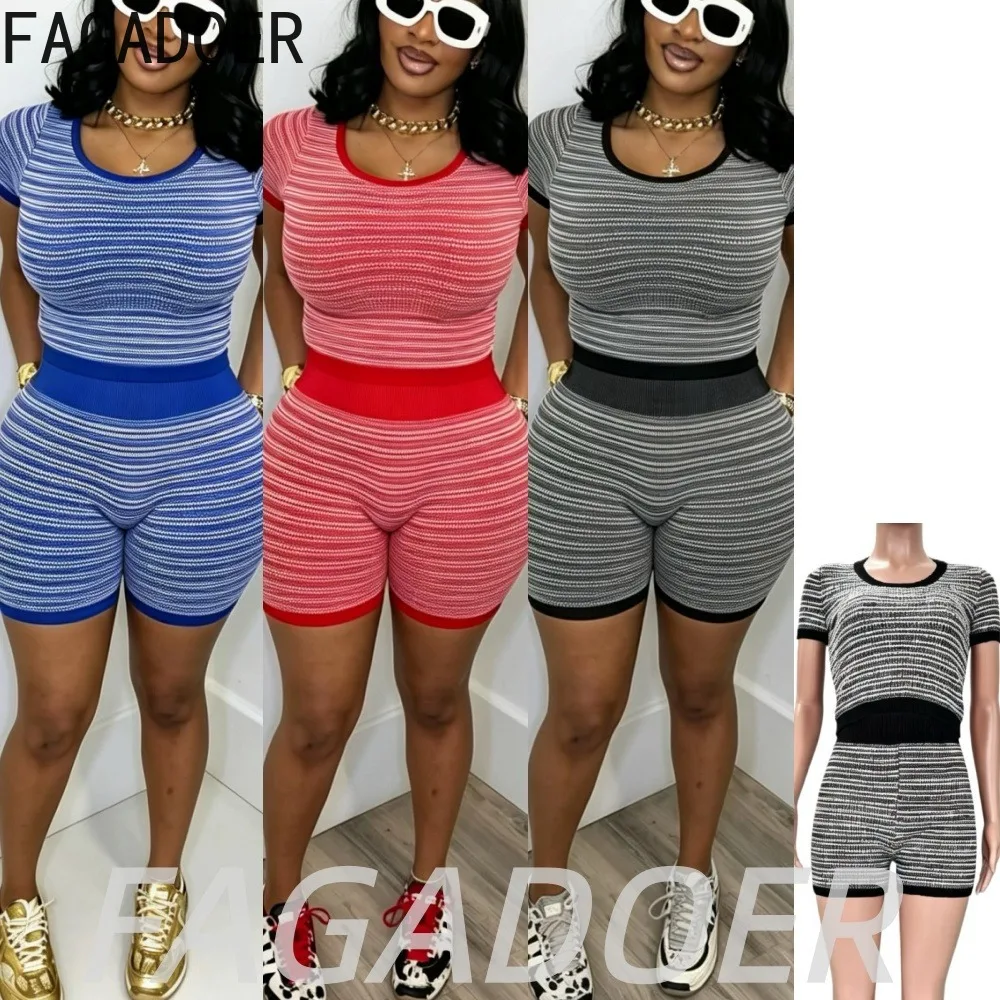 

FAGADOER Fashion Knit Shorts Two Piece Sets Women's Clothing Striped Patchwork Crop Top and Bodycon Shorts Outfits Casual Suits