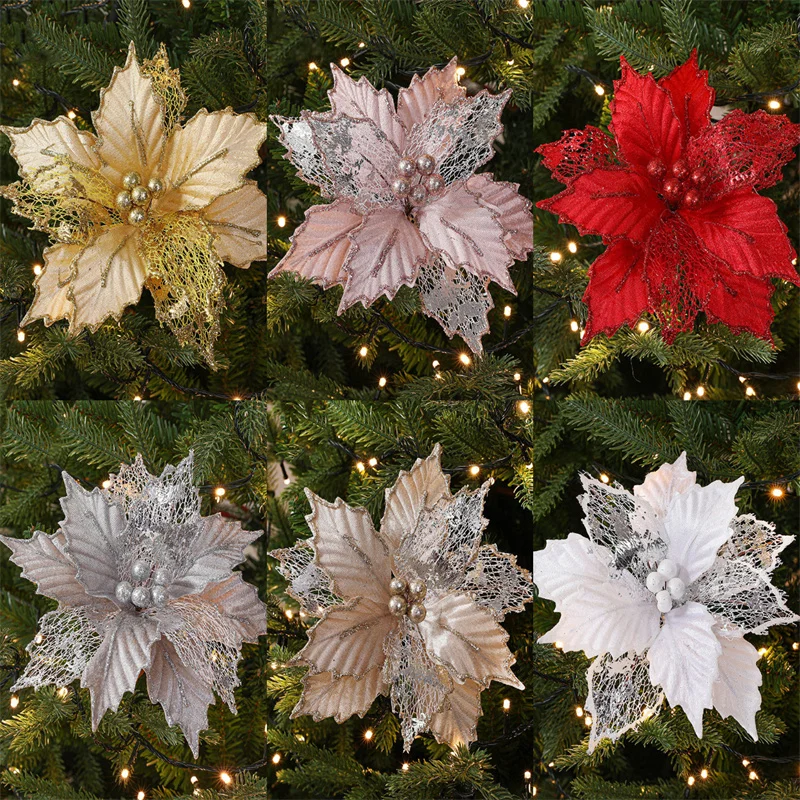 24cm Simulated Christmas Flower Maple Leaf Xmas Tree Ornaments Merry Christmas Decorations New Year Home Party Supplies