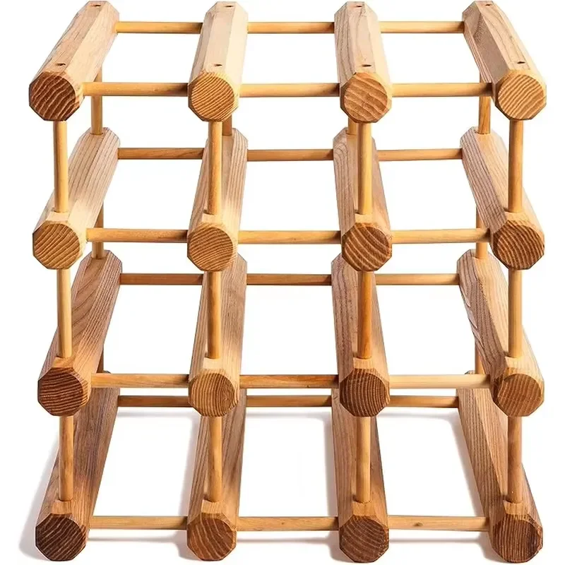 Natural Pine Wood Wine Rack 12 Bottle Stackable Modular Storage Organizer Space Saving Display Shelf for Home Bar Kitchen