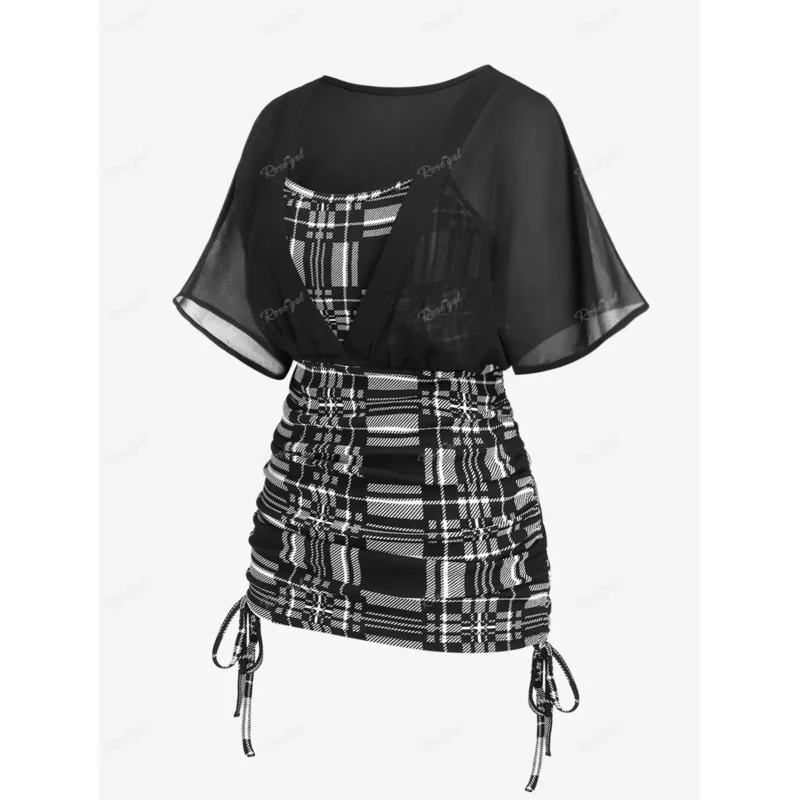 Rosegal plus size women's tops semi-sheer batwing sleeves plaid tee new fashion cinched ruched colorblock T-shirt nx9054