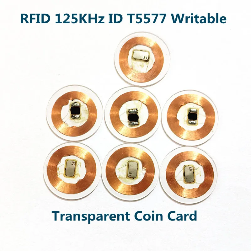 125KHz T5577 Writable Rewritable Copper Coil Transparent Coin Card Keyfob RFID Proximity EM4305 Access Control Tag Accessorie