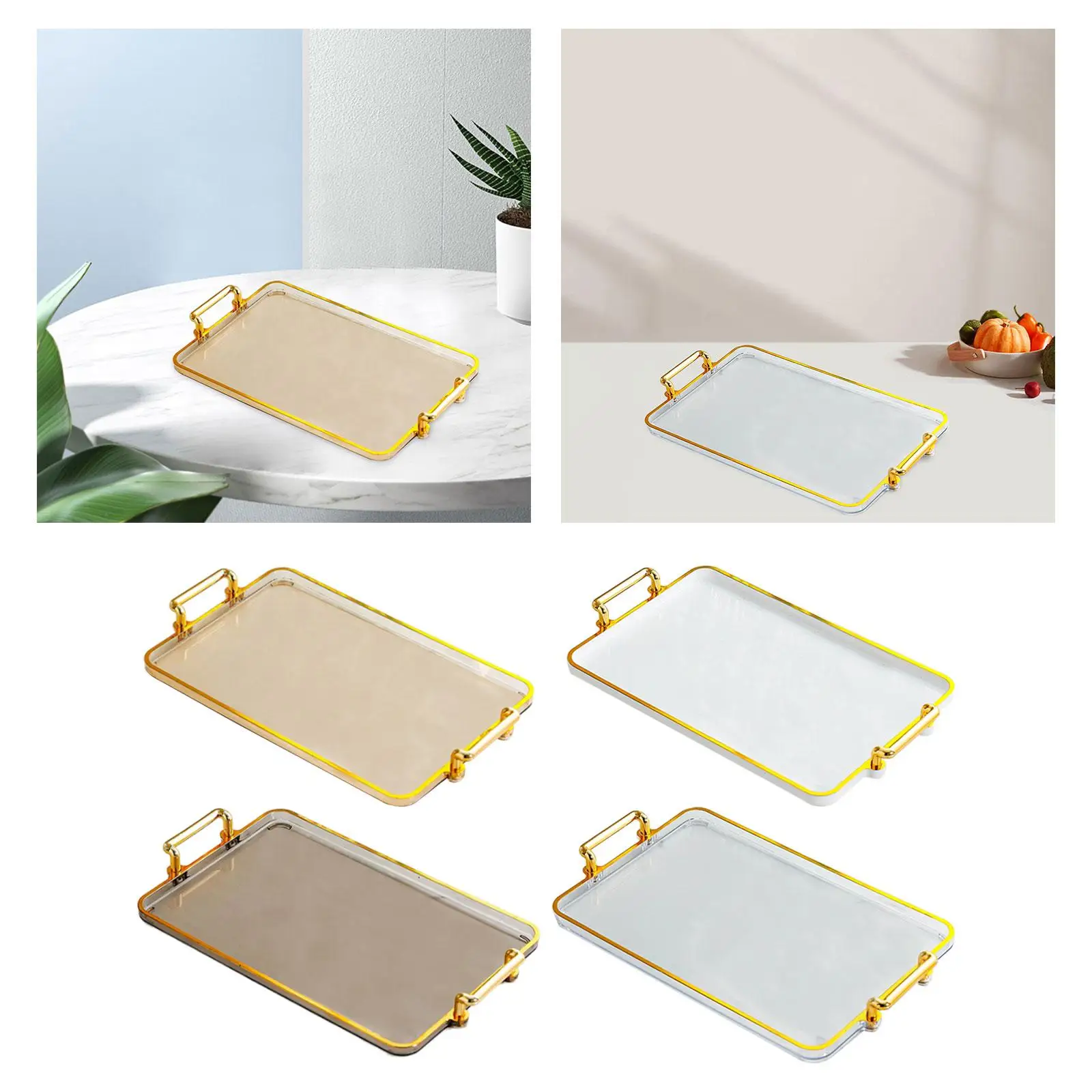 Rectangular Serving Tray with Gold Handles for Home Decor Cosmetic Storage Multipurpose Ottoman Table Tray